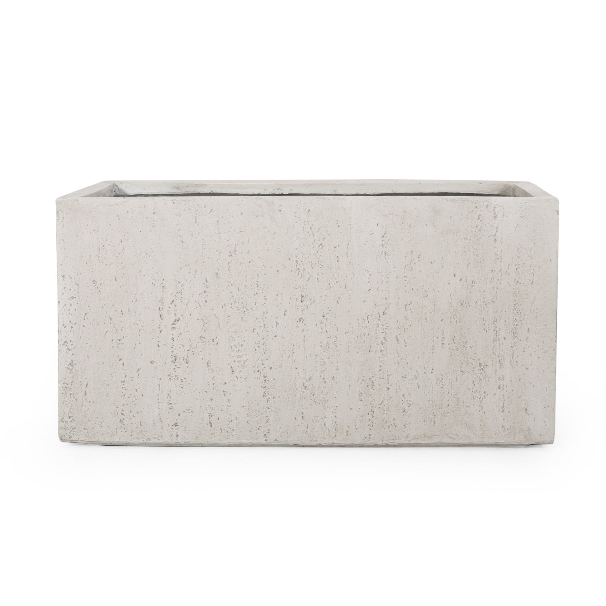 The Modern Outdoor Planter is a rectangular, off-white concrete box with a rough, textured surface, shown from the front against a plain white background.