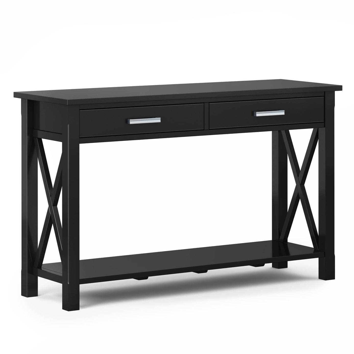 The Kitchener - Handcrafted Table is a black wooden console with two drawers, chrome handles, an open lower shelf, X-shaped side supports, and a rectangular top, shown against a plain white background.
