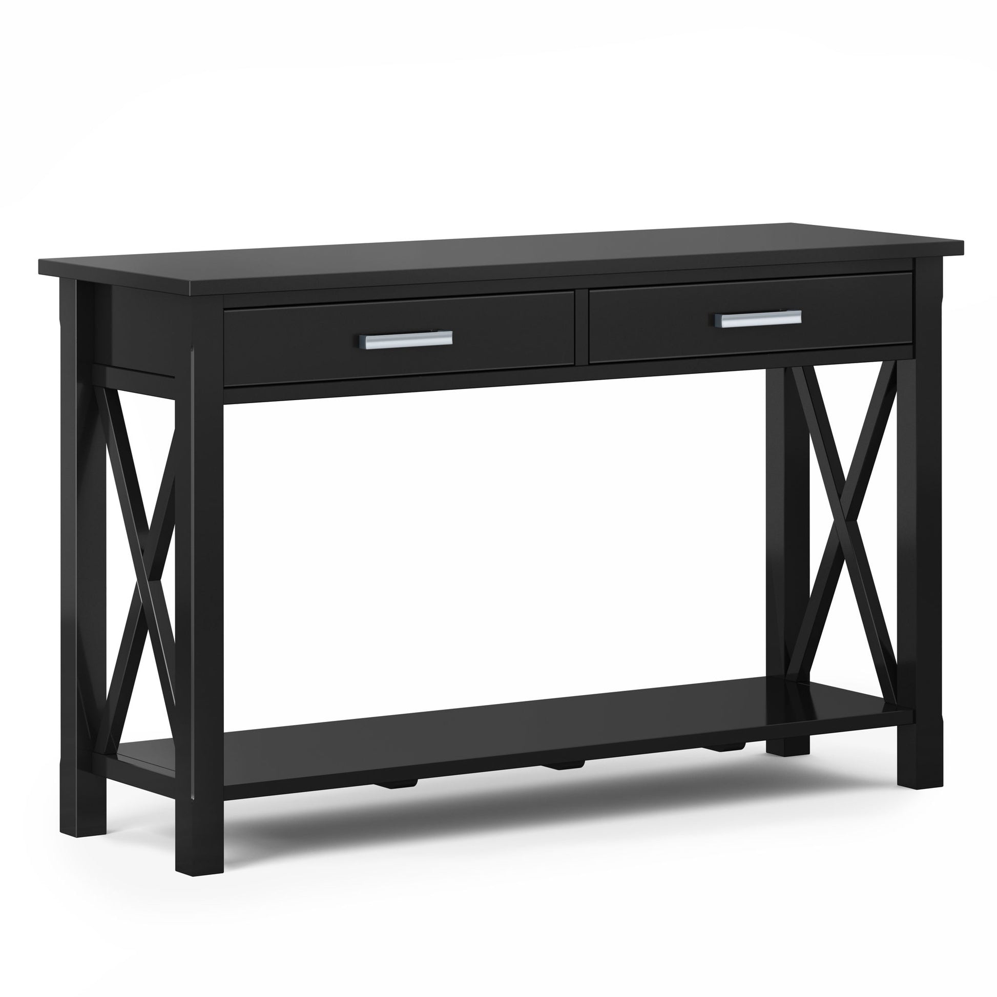 The Kitchener - Handcrafted Table is a black wooden console with two drawers, chrome handles, an open lower shelf, X-shaped side supports, and a rectangular top, shown against a plain white background.