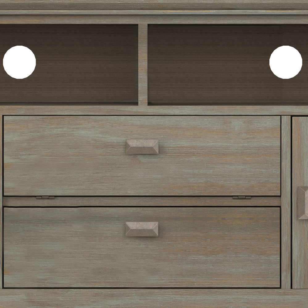 A close-up of the Artisan - TV Media Stand, showcasing its weathered wood finish, two open shelves with circular back cutouts, and two lower drawers with square handles.