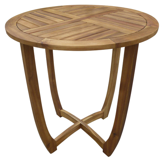 The Outdoor Circular Wood Bistro Table features a slat panel teak top and curved legs that form an X-shape at the base.