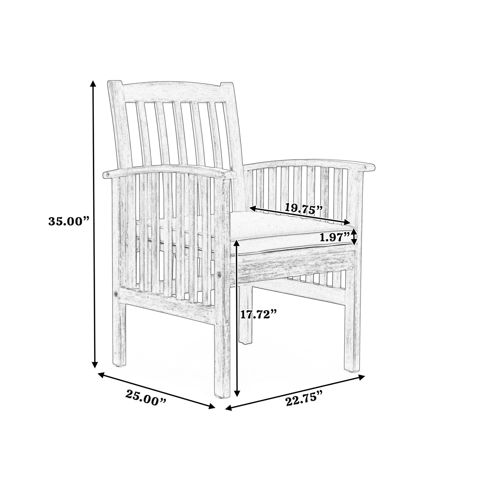 Sketch of the Casa - Acacia Dining Chair Set With Cushions, showing dimensions: height 35", depth 25", width 22.75", seat height 17.72", seat width 19.75", and armrest thickness 1.97".