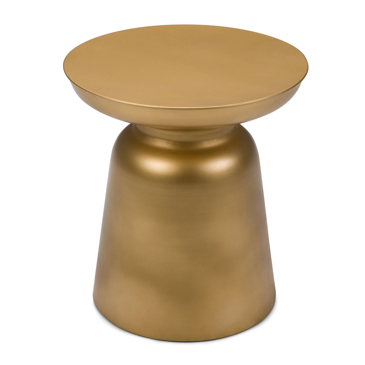 The Toby Handcrafted Metal Accent Table features a modern, gold-colored finish with a round top and slightly tapered cylindrical base. Its smooth matte surface and minimalist design make it a stylish accent for any room.