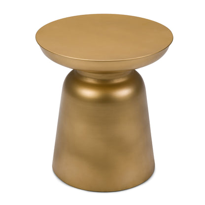 The Toby Handcrafted Metal Accent Table features a modern, gold-colored finish with a round top and slightly tapered cylindrical base. Its smooth matte surface and minimalist design make it a stylish accent for any room.