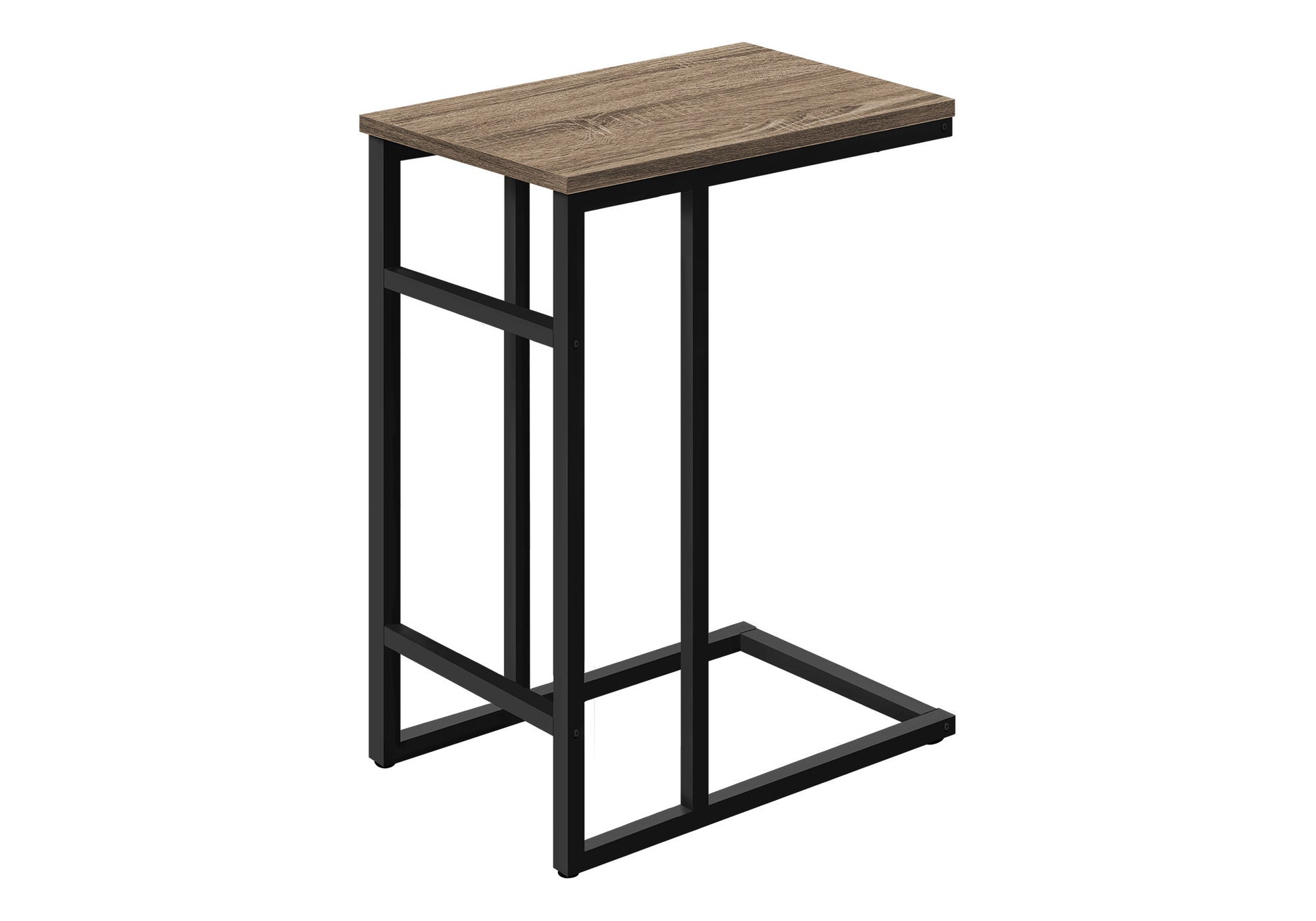 The Accent Table features a C-shaped contemporary design with a wood-grain top, black metal frame, and is perfect for versatile use in modern spaces.