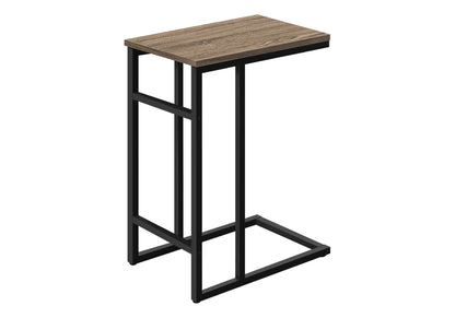 The Accent Table features a C-shaped contemporary design with a wood-grain top, black metal frame, and is perfect for versatile use in modern spaces.
