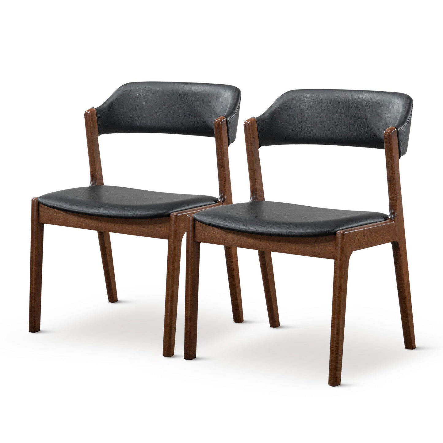 The Enzo Dining Chair Set (2) features black cushioned seats and backs with brown wooden frames, shown side by side on a white background.