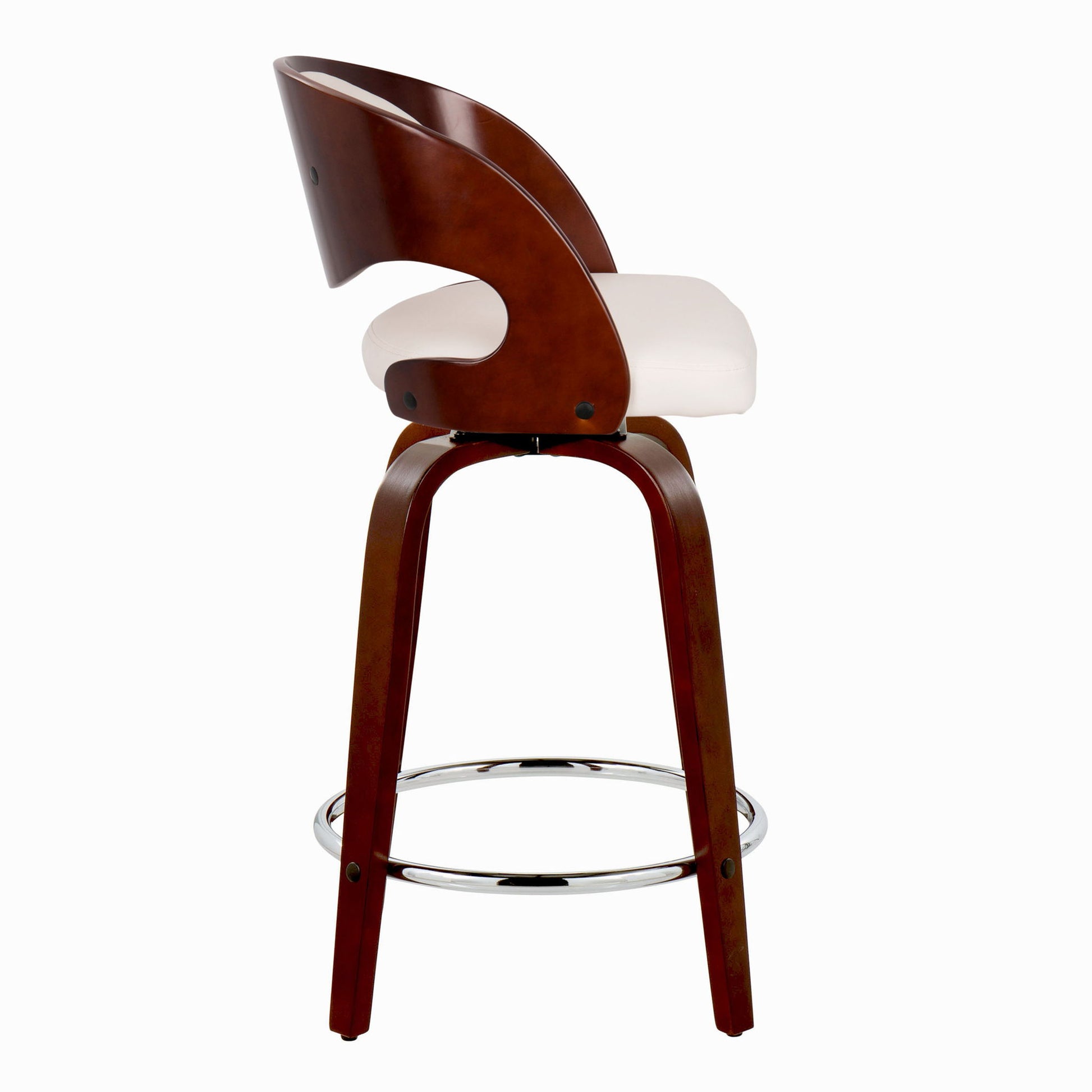 The Pino Mid Century Modern Fixed Height Barstool features a curved wooden backrest, white cushioned seat, four wooden legs, and a round chrome footrest, shown from the side. Available as a set of 2.