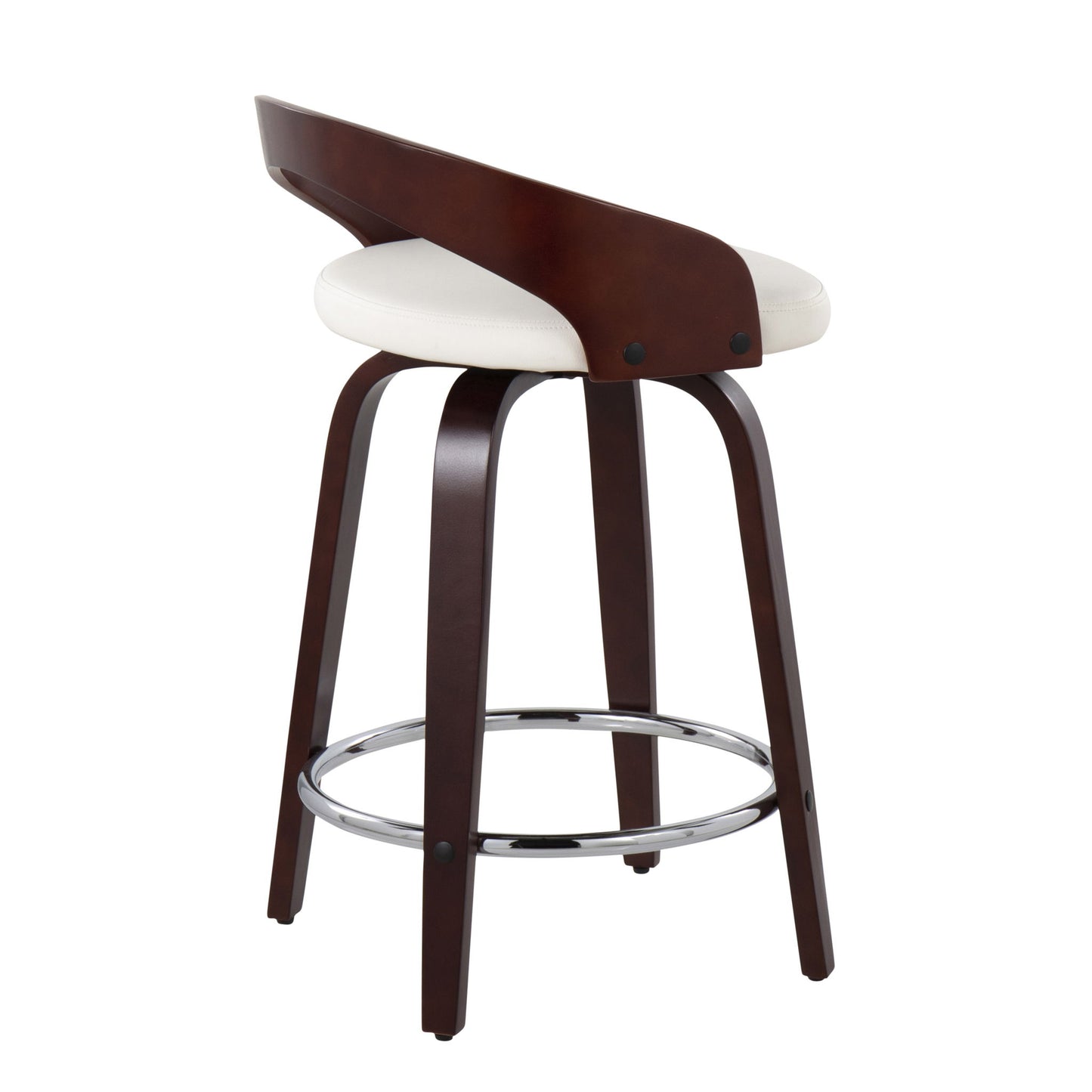 The Grotto Contemporary Fixed Height Counter Stool features a swivel design, curved dark wood backrest, round white cushioned seat, four wooden legs, and a circular chrome footrest. Sold as a set of 2.