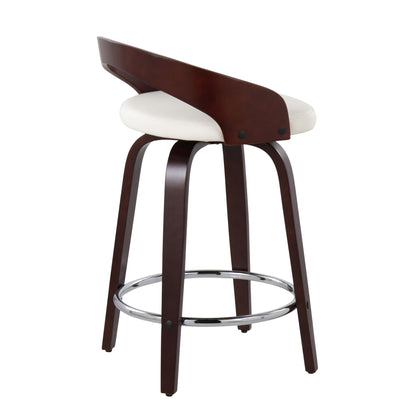 The Grotto Contemporary Fixed Height Counter Stool features a swivel design, curved dark wood backrest, round white cushioned seat, four wooden legs, and a circular chrome footrest. Sold as a set of 2.