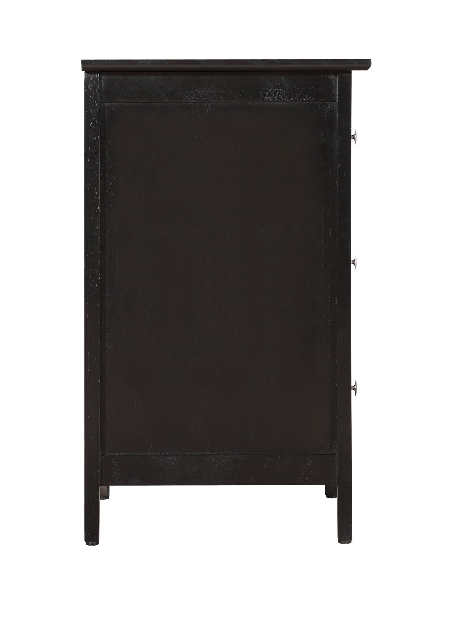 The Daniel - 3 Drawer Nightstand is a black wooden cabinet with a smooth, flat top, four legs, and three knobs on the right side, viewed from the side.