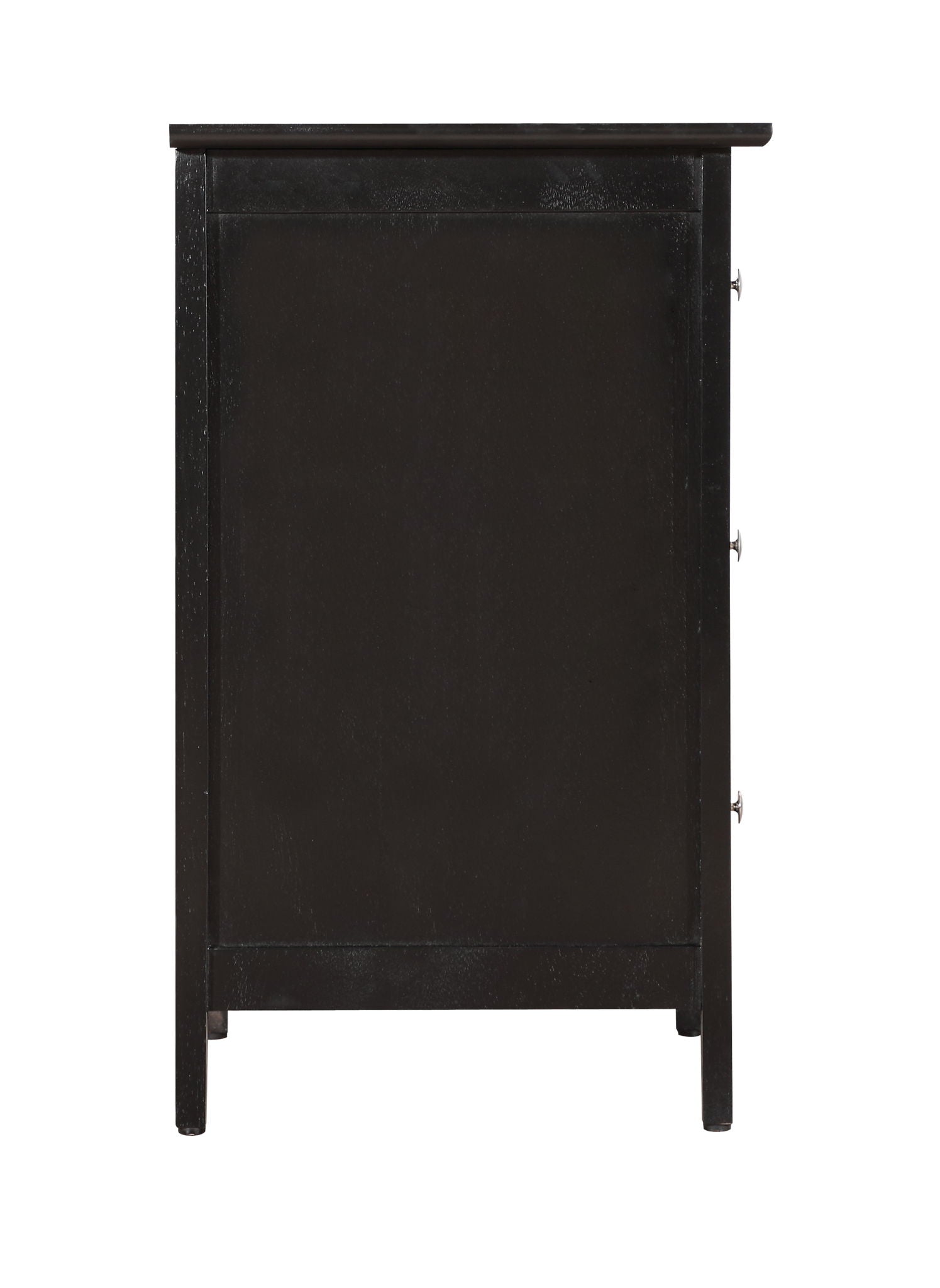 The Daniel - 3 Drawer Nightstand is a black wooden cabinet with a smooth, flat top, four legs, and three knobs on the right side, viewed from the side.