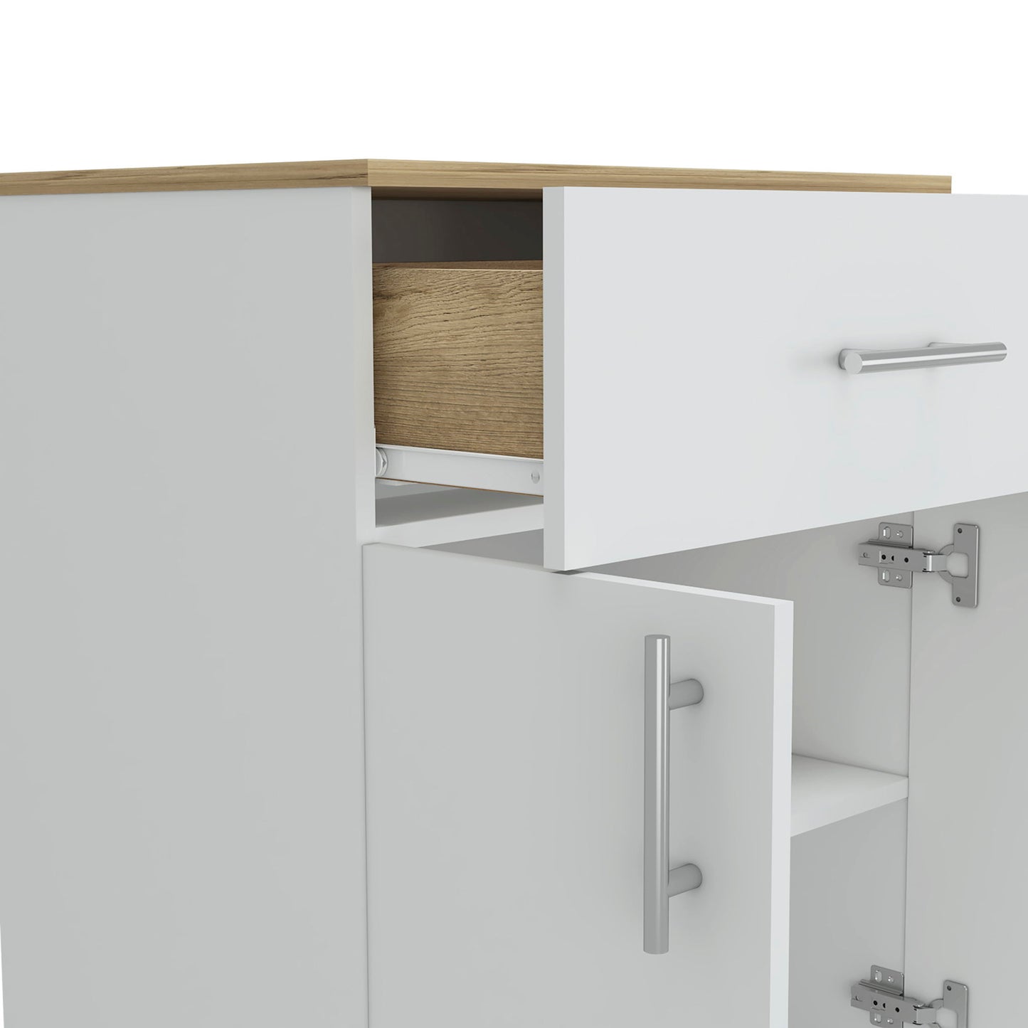 The Pantry Organizer Cabinet in White/Light Oak features one drawer, two doors with metal handles, and two interior shelves, shown here with the doors partially open to display its spacious storage.