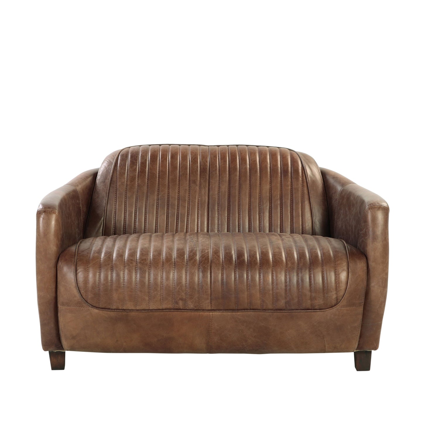 The Brancaster Grain Leather Loveseat in brown features vertical stitching on the seat and backrest, rounded armrests, short wooden legs, and a vintage classic design.