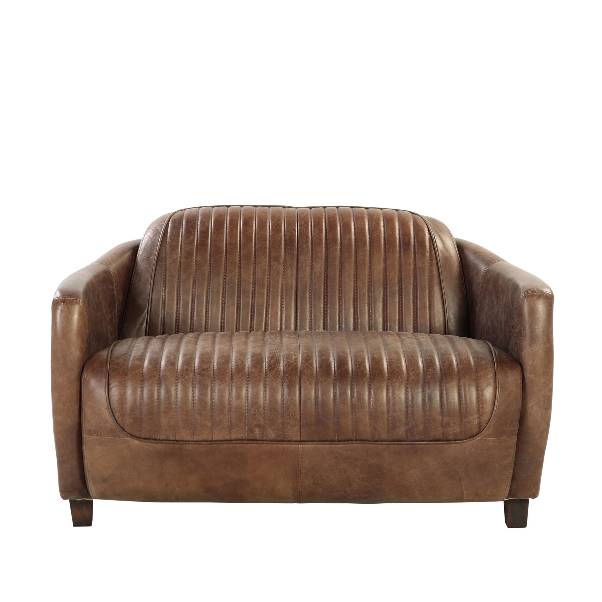 The Brancaster Grain Leather Loveseat in brown features vertical stitching on the seat and backrest, rounded armrests, short wooden legs, and a vintage classic design.