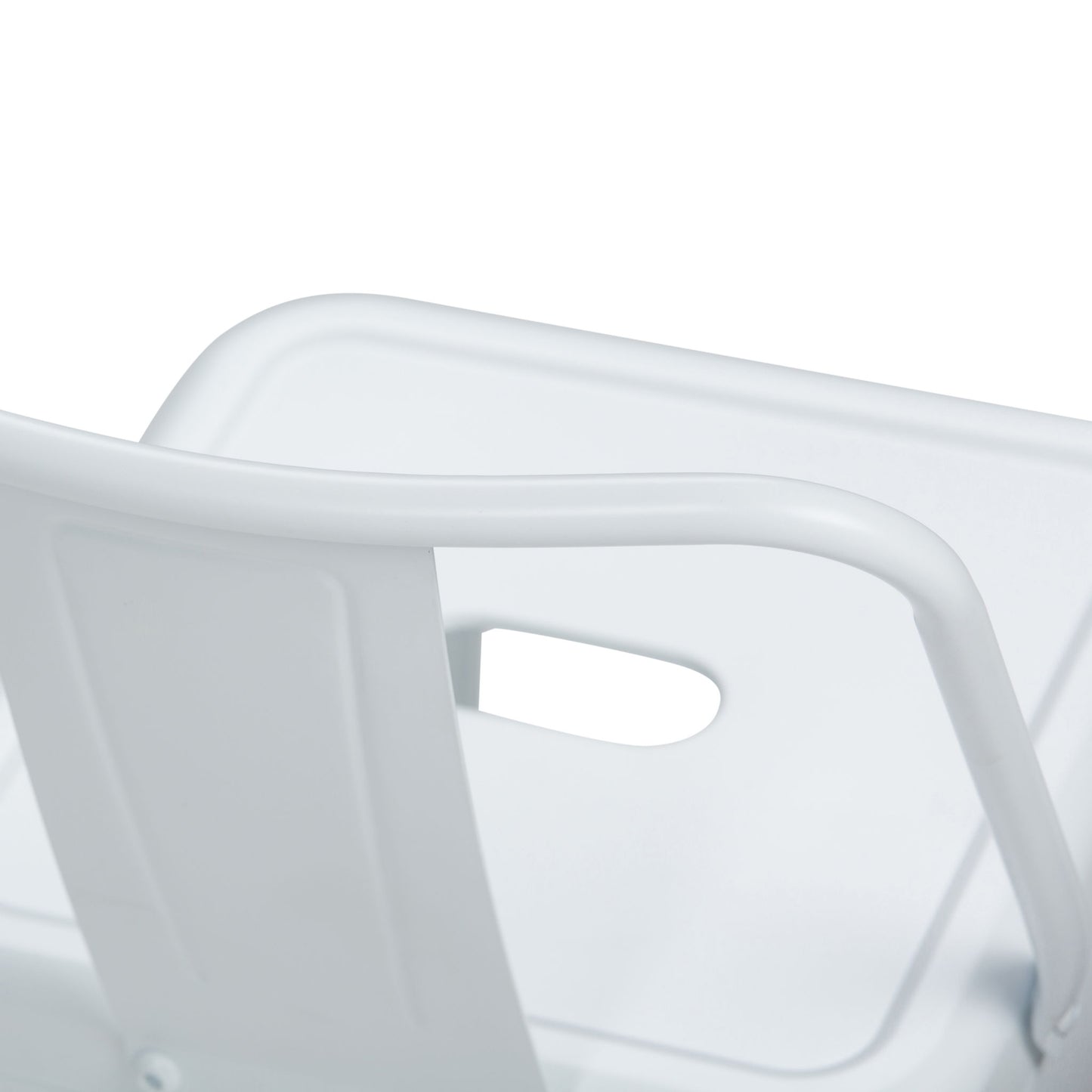 Close-up view of the backrest of the Rayne - Curved Back Metal Stool (Set of 2), featuring a rectangular cutout handle and smooth, curved lines against a plain white background.