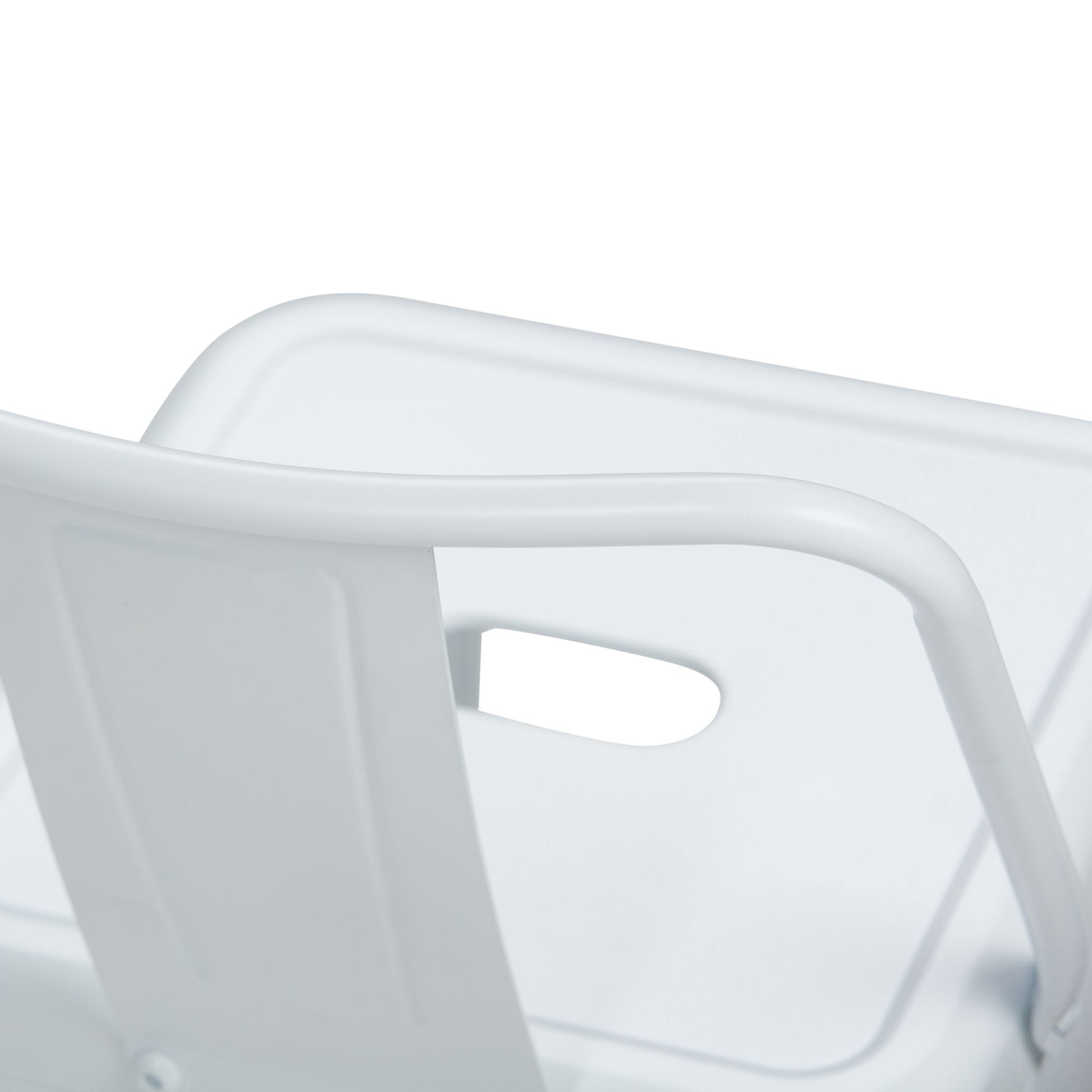 Close-up view of the backrest of the Rayne - Curved Back Metal Stool (Set of 2), featuring a rectangular cutout handle and smooth, curved lines against a plain white background.