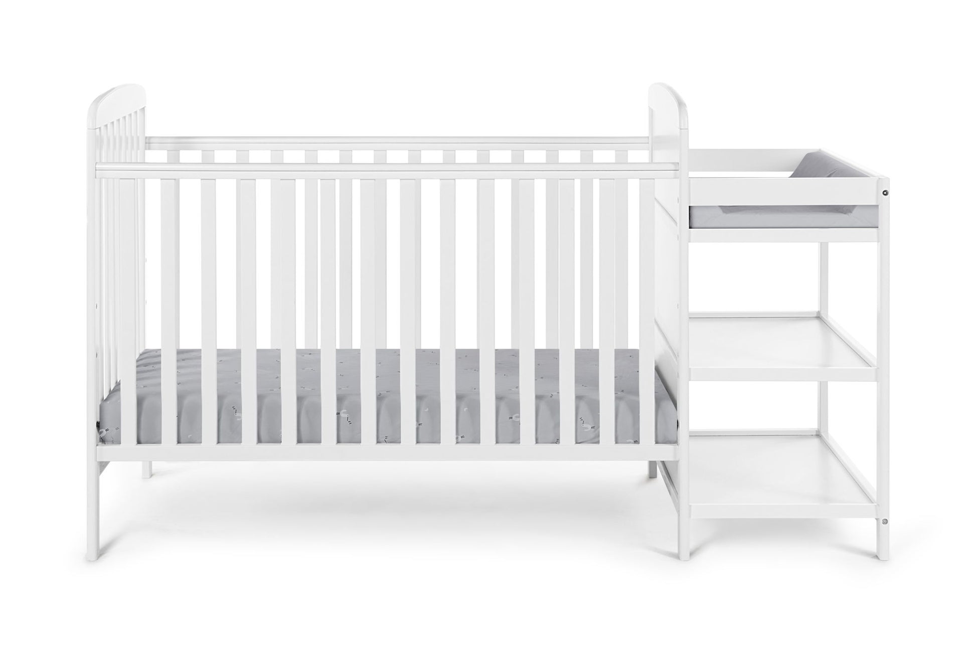 The Ramsey 3-in-1 Convertible Crib / Changer Combo features a white crib with vertical slats, a gray mattress, and an attached changing table with two open shelves and a padded changing area, set against a white background.