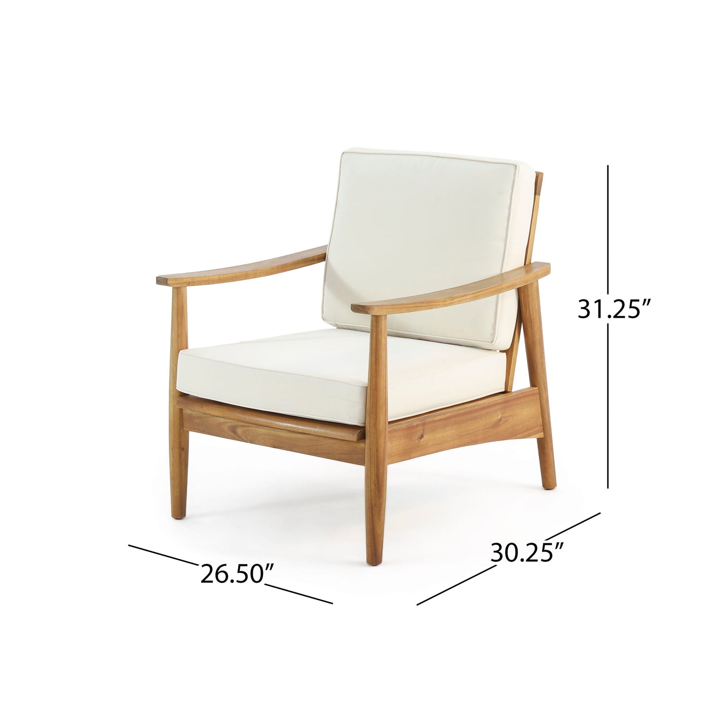 The Emmry Outdoor Acacia Wood Club Chair features a wooden frame with white cushions. Dimensions: 31.25" tall, 30.25" deep, and 26.50" wide.