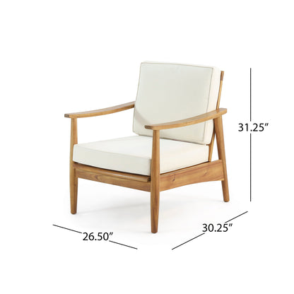 The Emmry Outdoor Acacia Wood Club Chair features a wooden frame with white cushions. Dimensions: 31.25" tall, 30.25" deep, and 26.50" wide.
