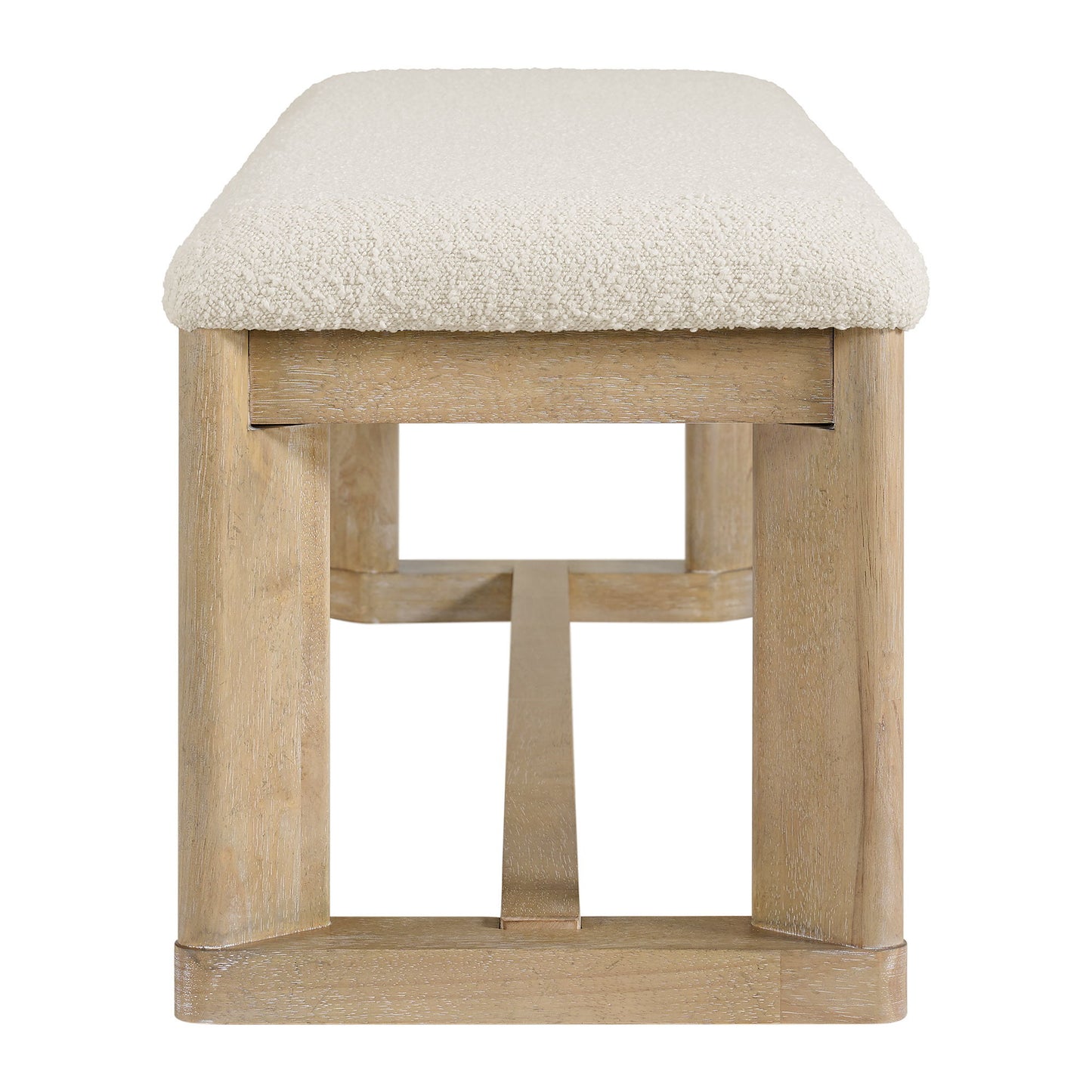 The Clove Upholstered Dining Bench in Brown features a light-colored, textured seat, shown from the narrow end with sturdy rectangular legs and a support beam connecting the base.