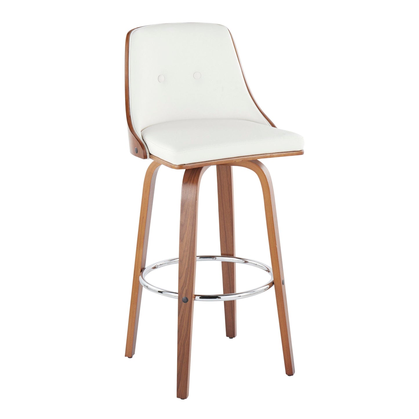 The Gianna Mid Century Modern Fixed Height Barstool features a cushioned white seat and backrest with two decorative buttons, wooden legs, a round chrome footrest, and swivel functionality. Set of 2.