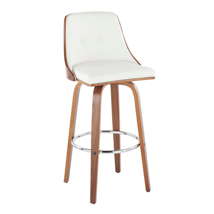 The Gianna Mid Century Modern Fixed Height Barstool features a cushioned white seat and backrest with two decorative buttons, wooden legs, a round chrome footrest, and swivel functionality. Set of 2.