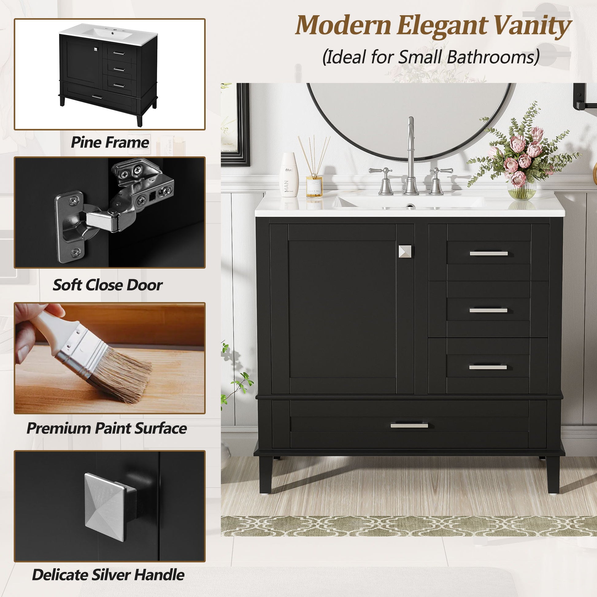 Modern Bathroom Cabinet with Sink Combo Set features a solid wood frame, soft closing door, 3 drawers, and premium finish. Silver handles add style. Flowers and decor displayed on the white countertop complete the look.