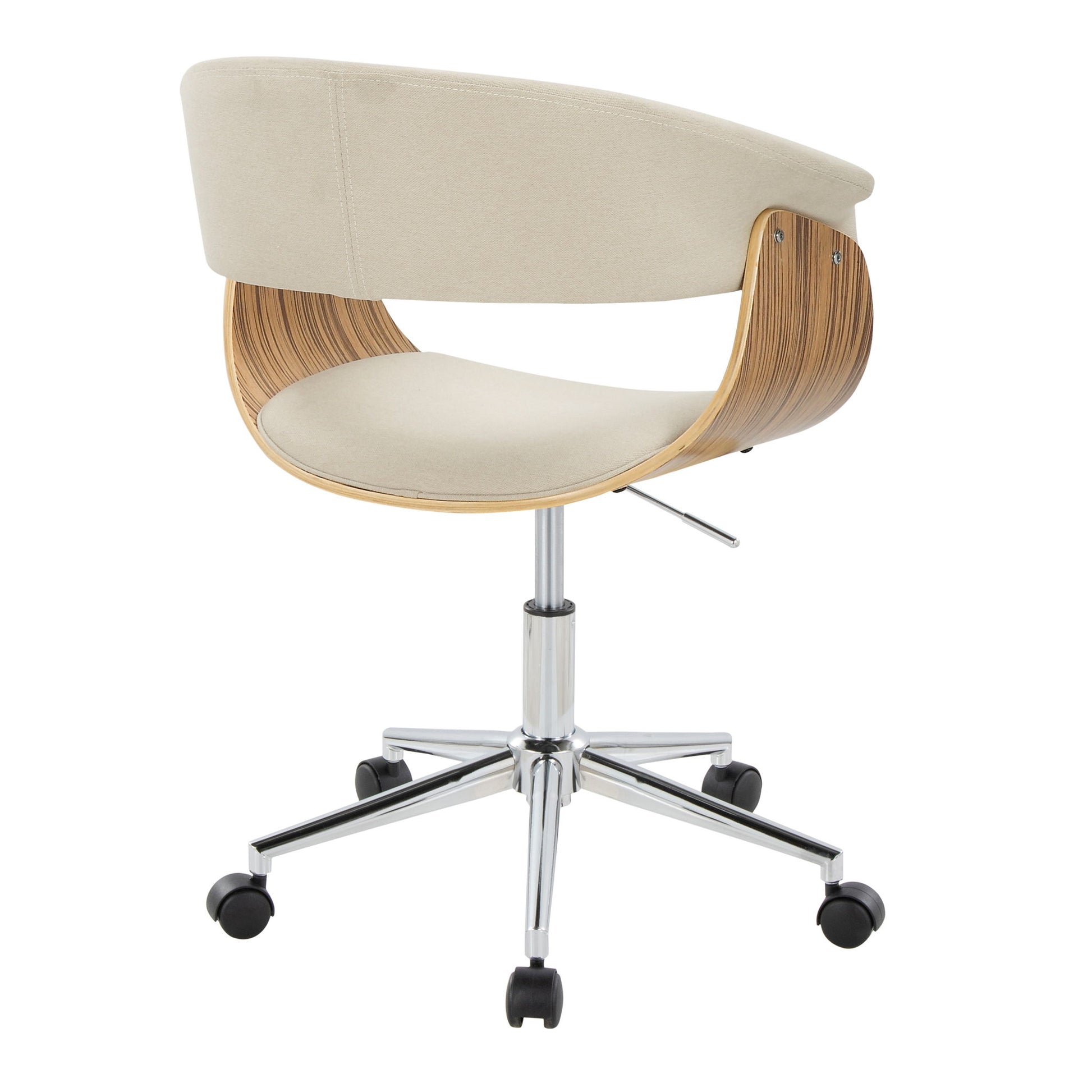The Vintage Mod - Mid-Century Modern Office Chair features a curved wooden backrest, light beige cushioned seat and back, chrome base, and five black caster wheels, shown from the rear.