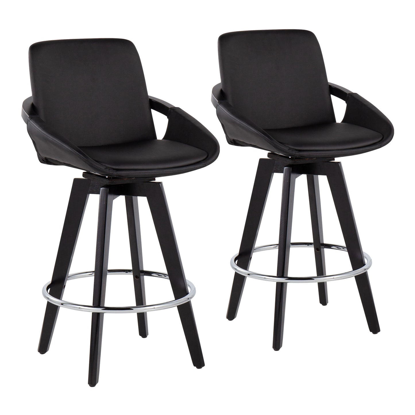 Set of 2 Cosmo contemporary fixed height counter stools with swivel, upholstered seats, curved backrests, wooden legs, and round chrome footrests in black, displayed against a white background.