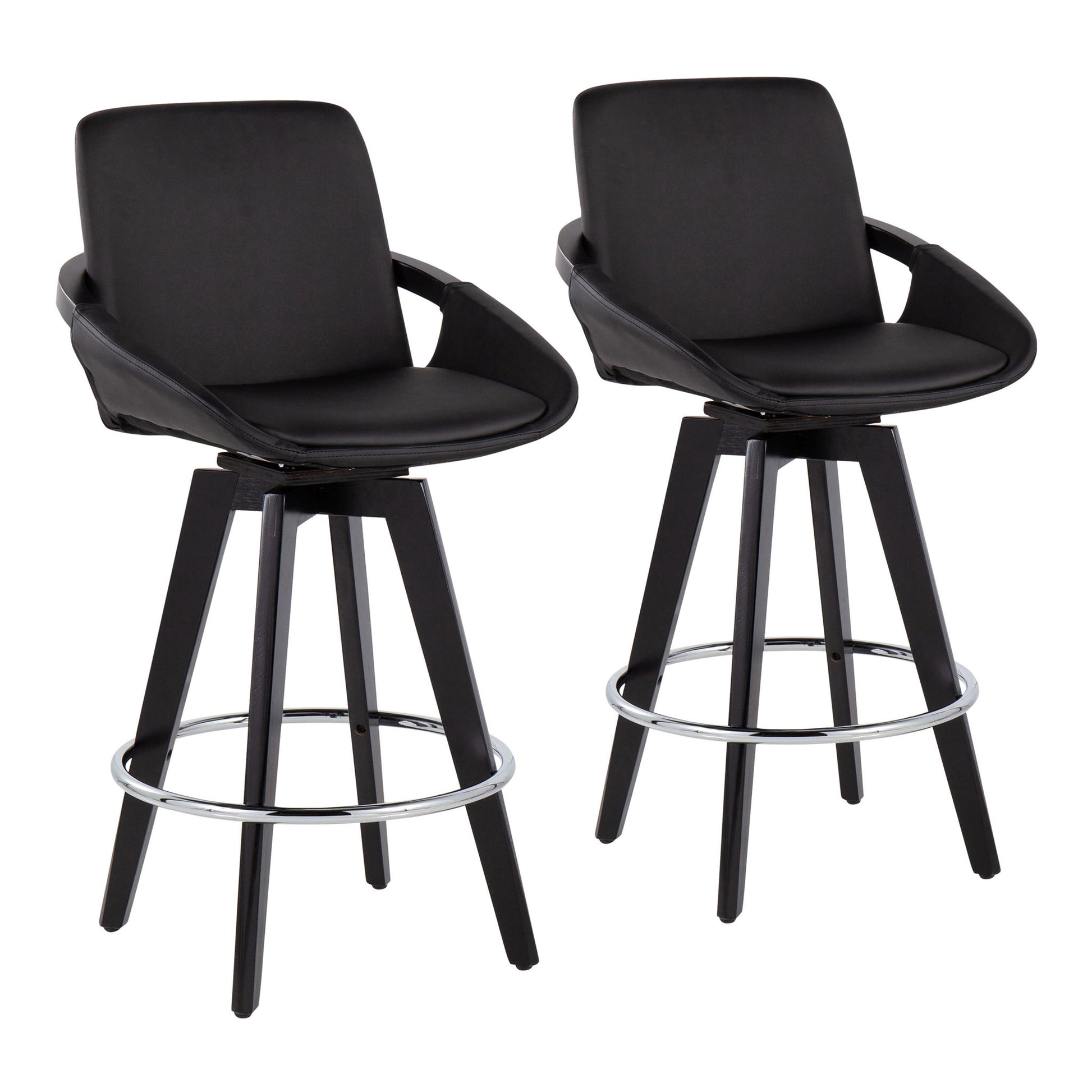 Set of 2 Cosmo contemporary fixed height counter stools with swivel, upholstered seats, curved backrests, wooden legs, and round chrome footrests in black, displayed against a white background.