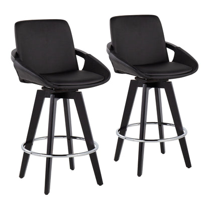 Set of 2 Cosmo contemporary fixed height counter stools with swivel, upholstered seats, curved backrests, wooden legs, and round chrome footrests in black, displayed against a white background.