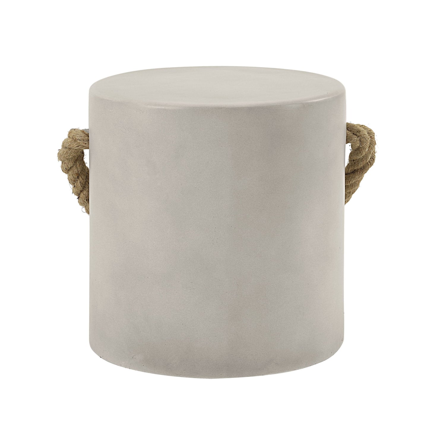The Gene Fiber Concrete Accent Table in gray features a round, smooth surface and sturdy, thick rope handles on each side.