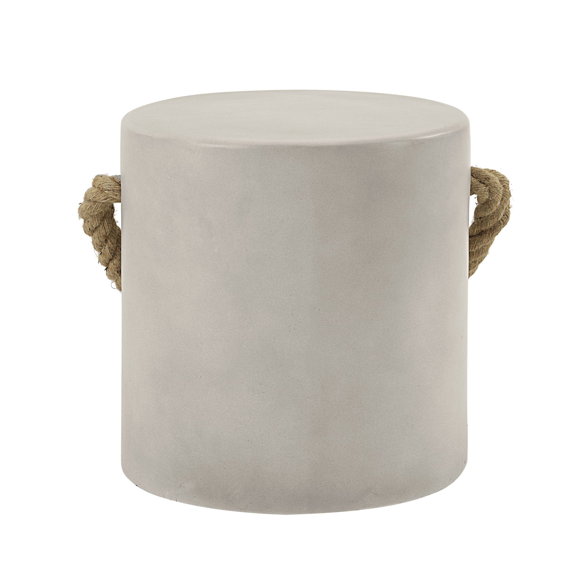 The Gene Fiber Concrete Accent Table in gray features a round, smooth surface and sturdy, thick rope handles on each side.