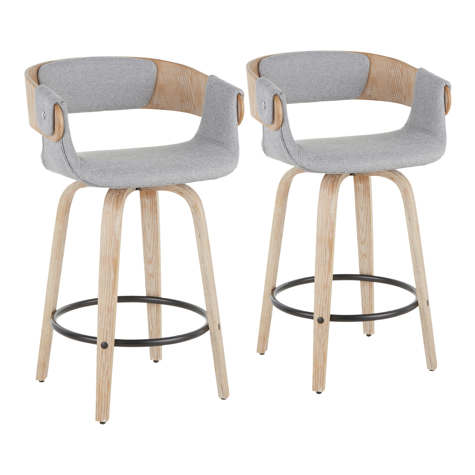 Set of 2 Elisa Farmhouse Counter Stools in white washed finish with gray upholstered seats and curved wooden backs. Each stool features light wood legs and a black circular footrest for added style and support.