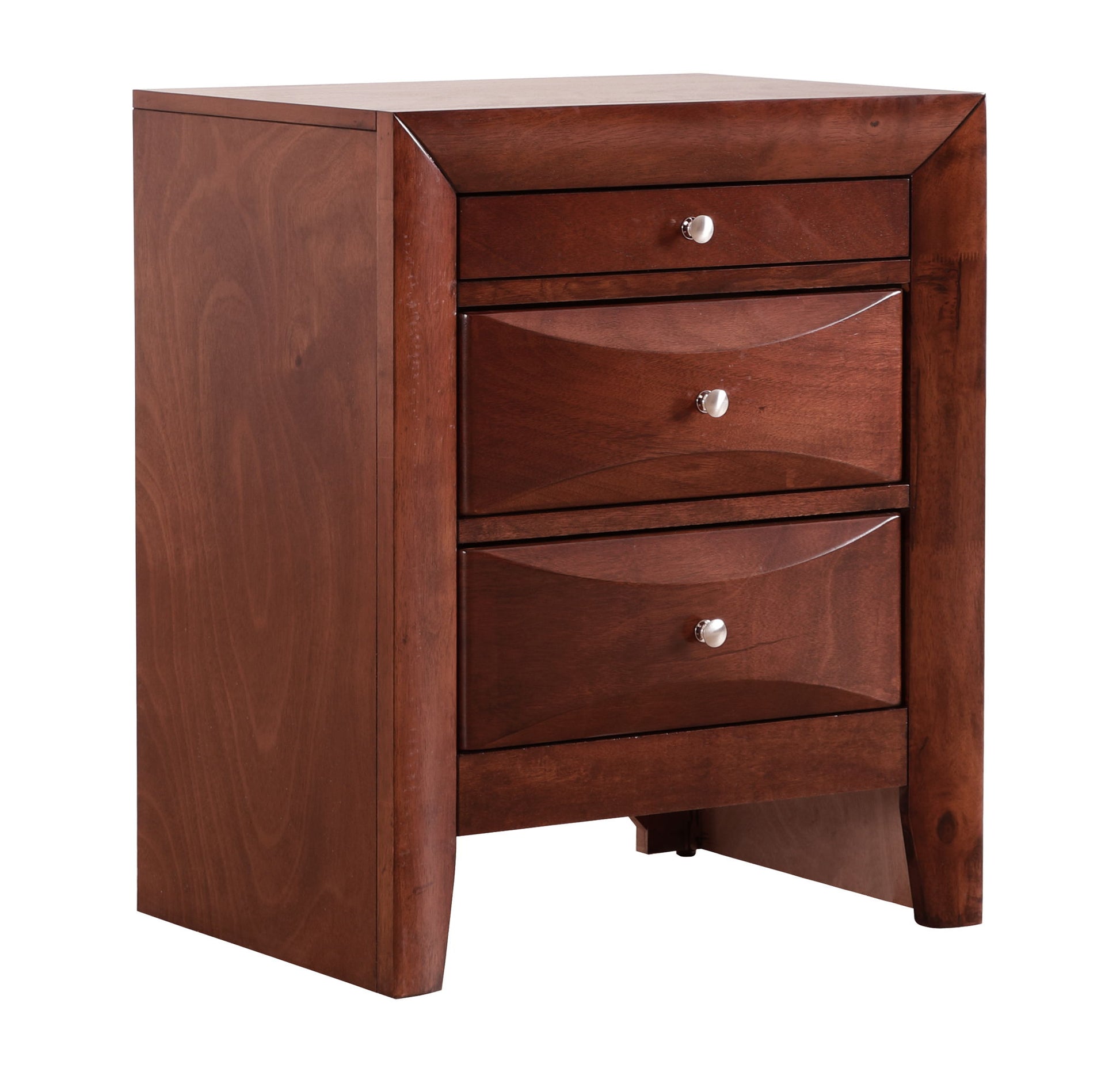The Marilla Nightstand features a dark brown wooden finish, three drawers with silver knob handles, and gently curved drawer fronts that lend a modern touch to its classic design.