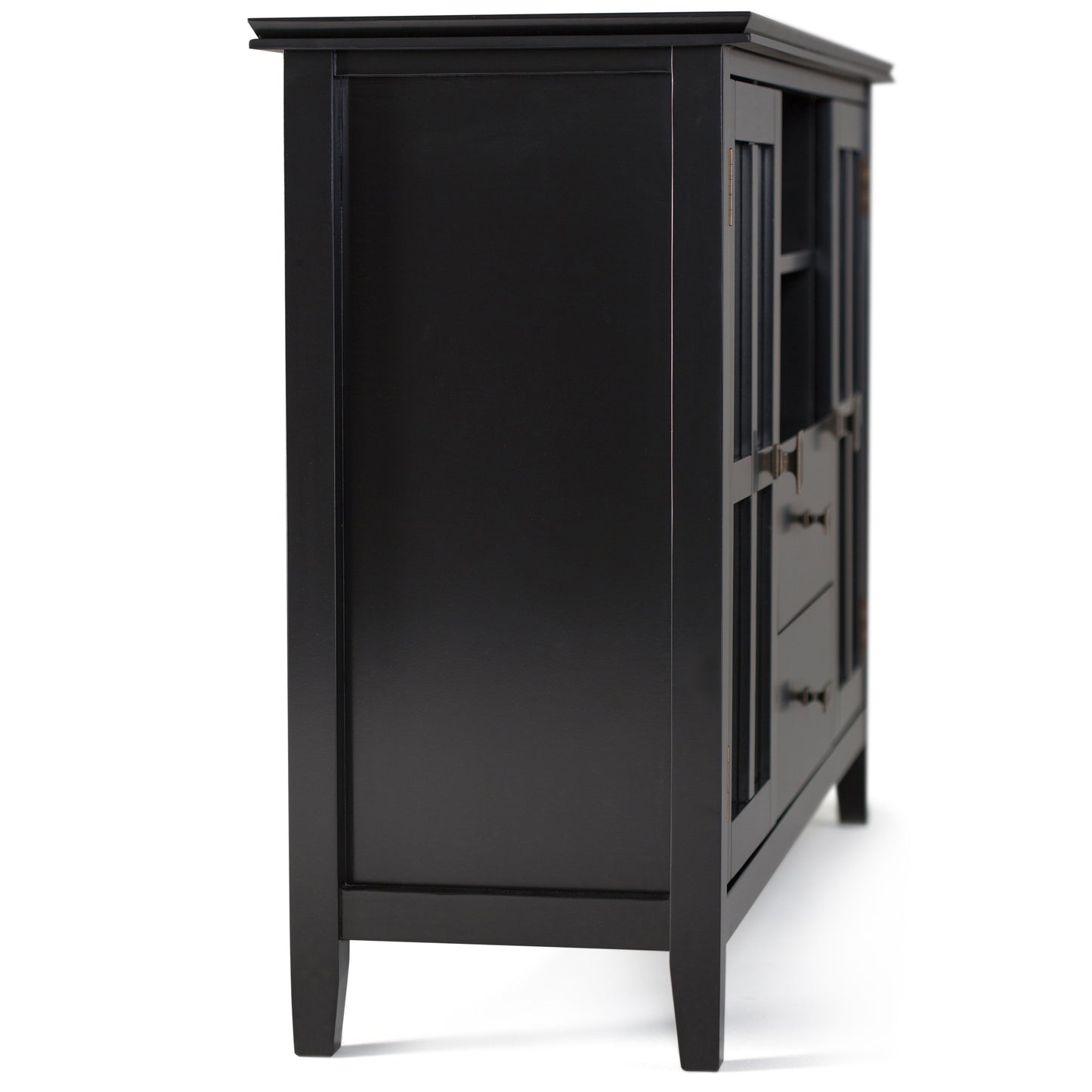 The Artisan Handcrafted Tall TV Media Stand features a black wood finish, two drawers, glass-paneled doors, and metal handles; displayed from a side angle on a white background.