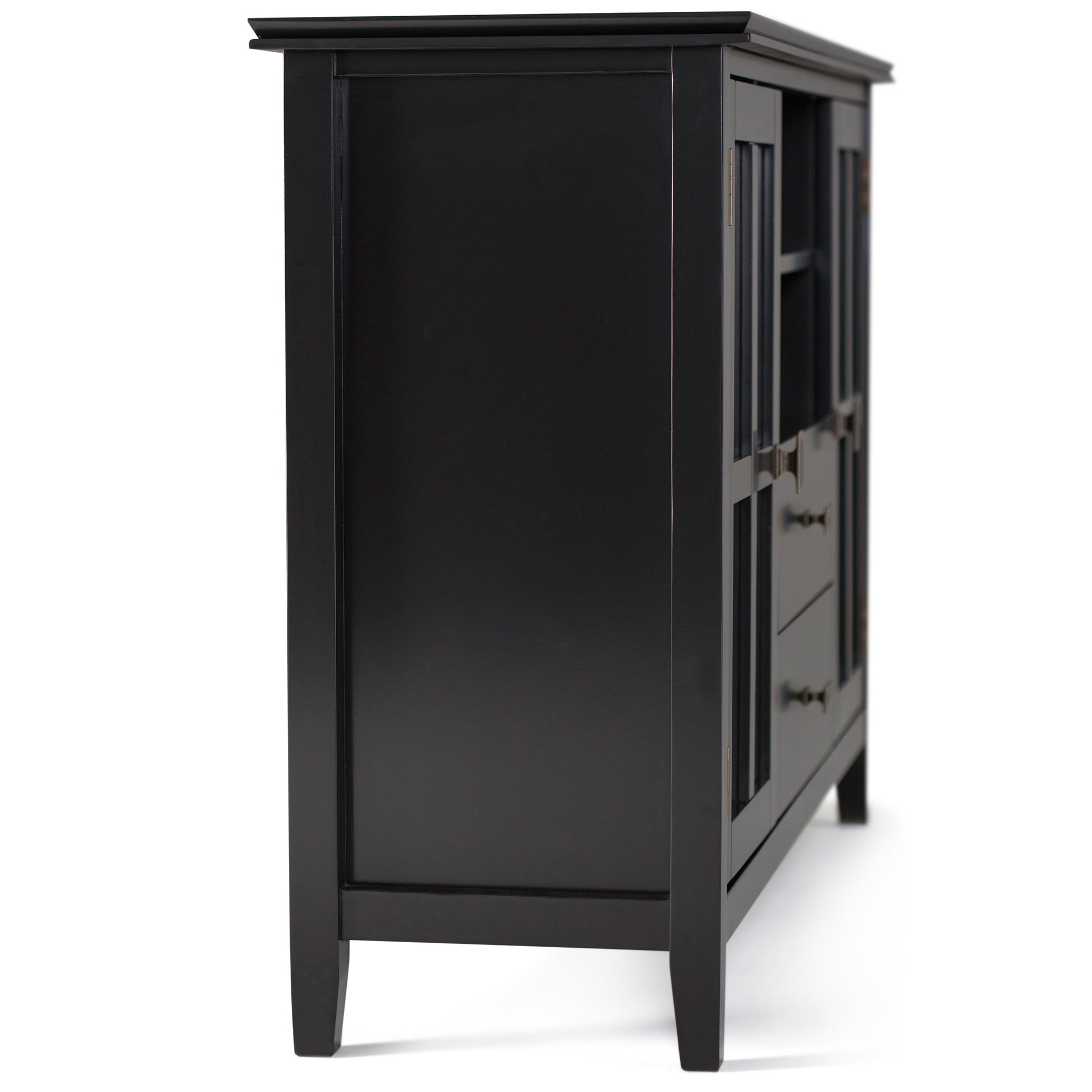 The Artisan Handcrafted Tall TV Media Stand features a black wood finish, two drawers, glass-paneled doors, and metal handles; displayed from a side angle on a white background.