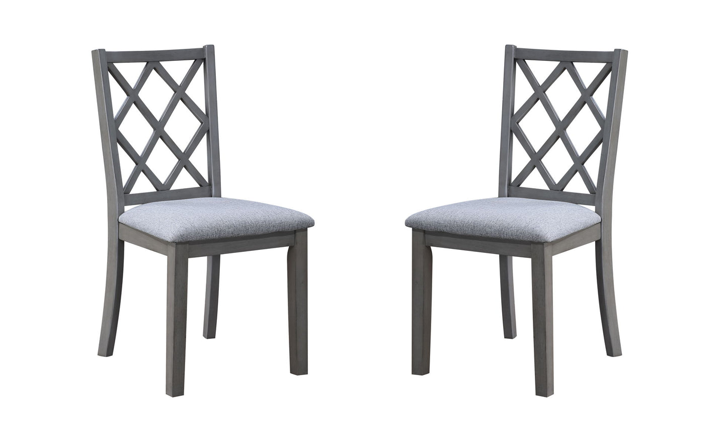 Two Carlisle Cross Back Side Dining Chairs in gray wood with cushioned seats, featuring a crisscross backrest design, are positioned facing each other against a white background.