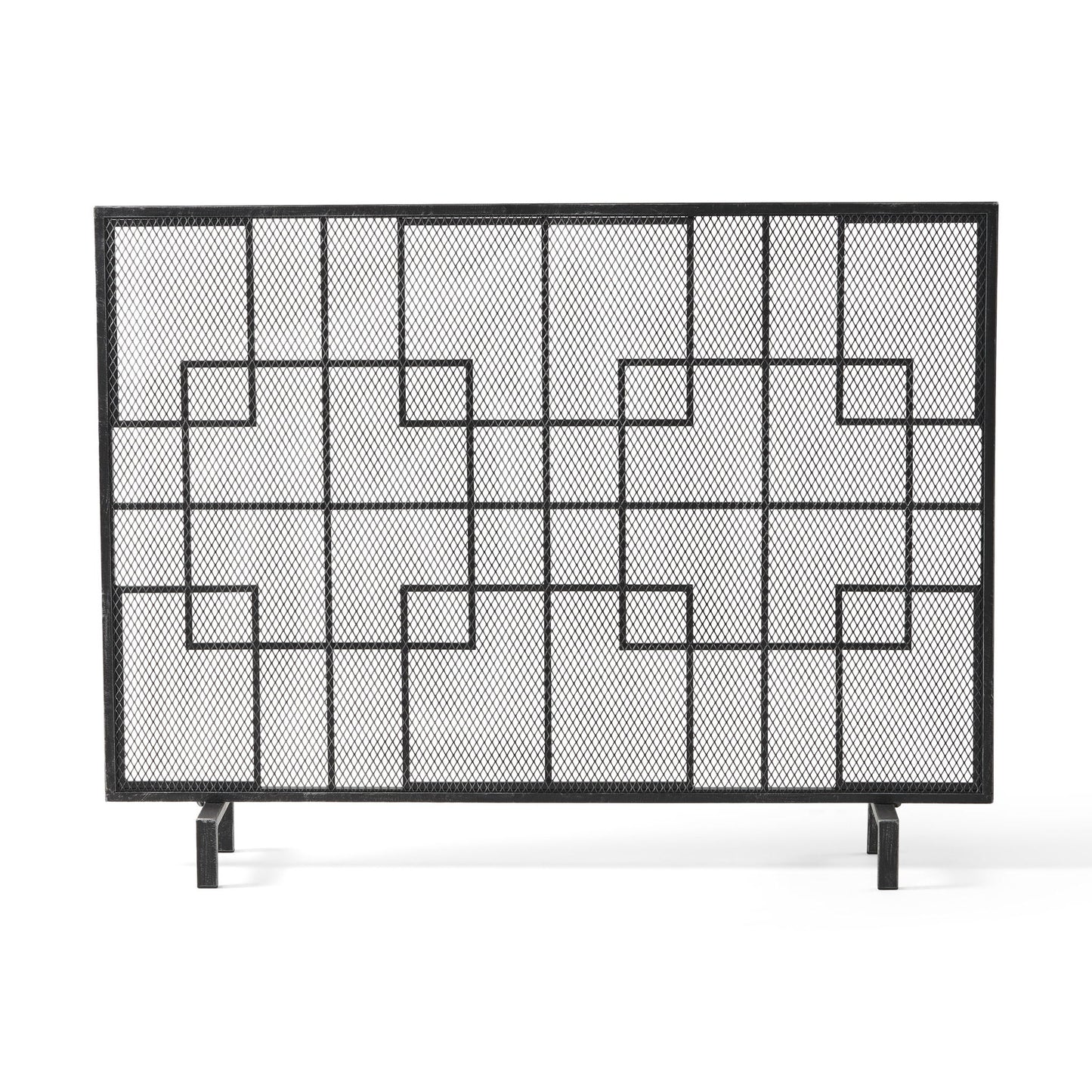The Dorothy – Modern Single Panel Iron Fire Screen features a black geometric square pattern on mesh, supported by two sturdy legs, displayed against a white backdrop.