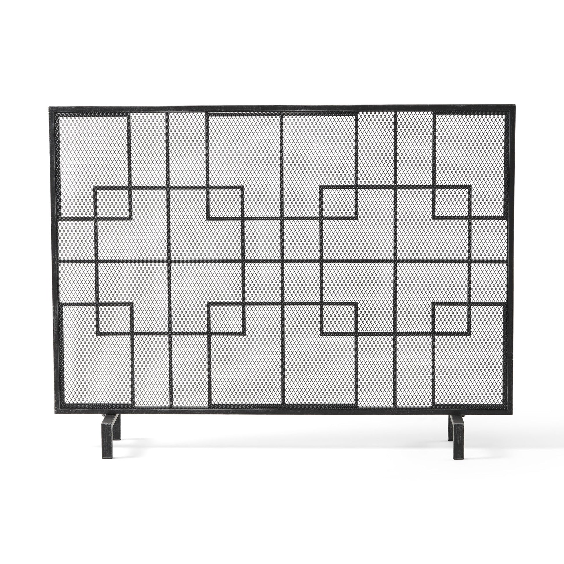The Dorothy – Modern Single Panel Iron Fire Screen features a black geometric square pattern on mesh, supported by two sturdy legs, displayed against a white backdrop.