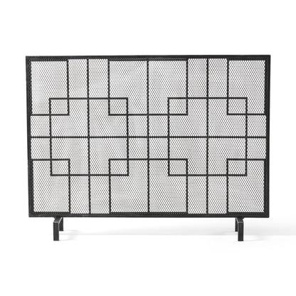 The Dorothy – Modern Single Panel Iron Fire Screen features a black geometric square pattern on mesh, supported by two sturdy legs, displayed against a white backdrop.