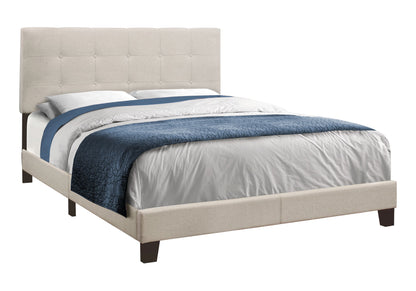 A transitional upholstered bed frame, shown with a beige tufted headboard and displayed against a white background.