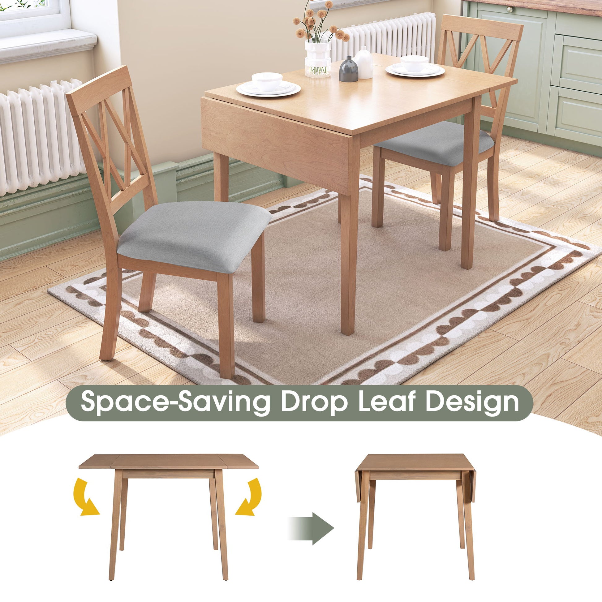 A 3 Piece Kitchen Dining Set features a drop leaf dining table and 2 upholstered chairs on a rug in a kitchen. The table's space-saving drop leaf design is shown extended and folded below the main image. Ideal for small places.