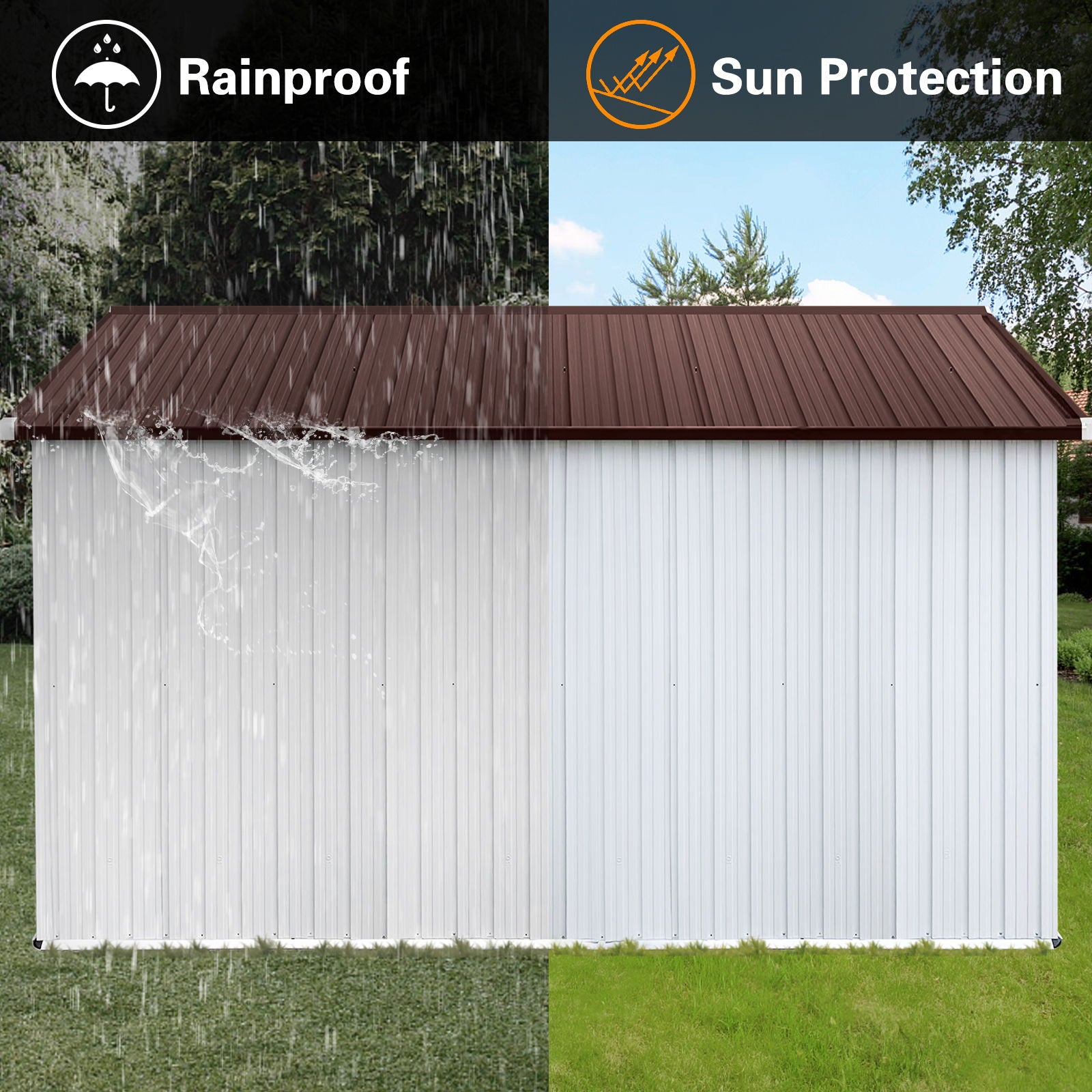 The 10' x 12' Garden Sheds Outdoor Storage Sheds is shown with a brown roof and white walls; the left side under rain is labeled "Rainproof," while the sunny right side highlights "Sun Protection.