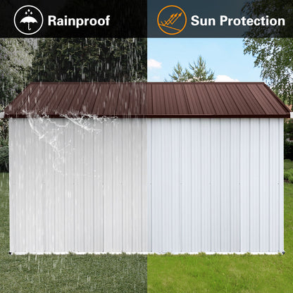 The 10' x 12' Garden Sheds Outdoor Storage Sheds is shown with a brown roof and white walls; the left side under rain is labeled "Rainproof," while the sunny right side highlights "Sun Protection.