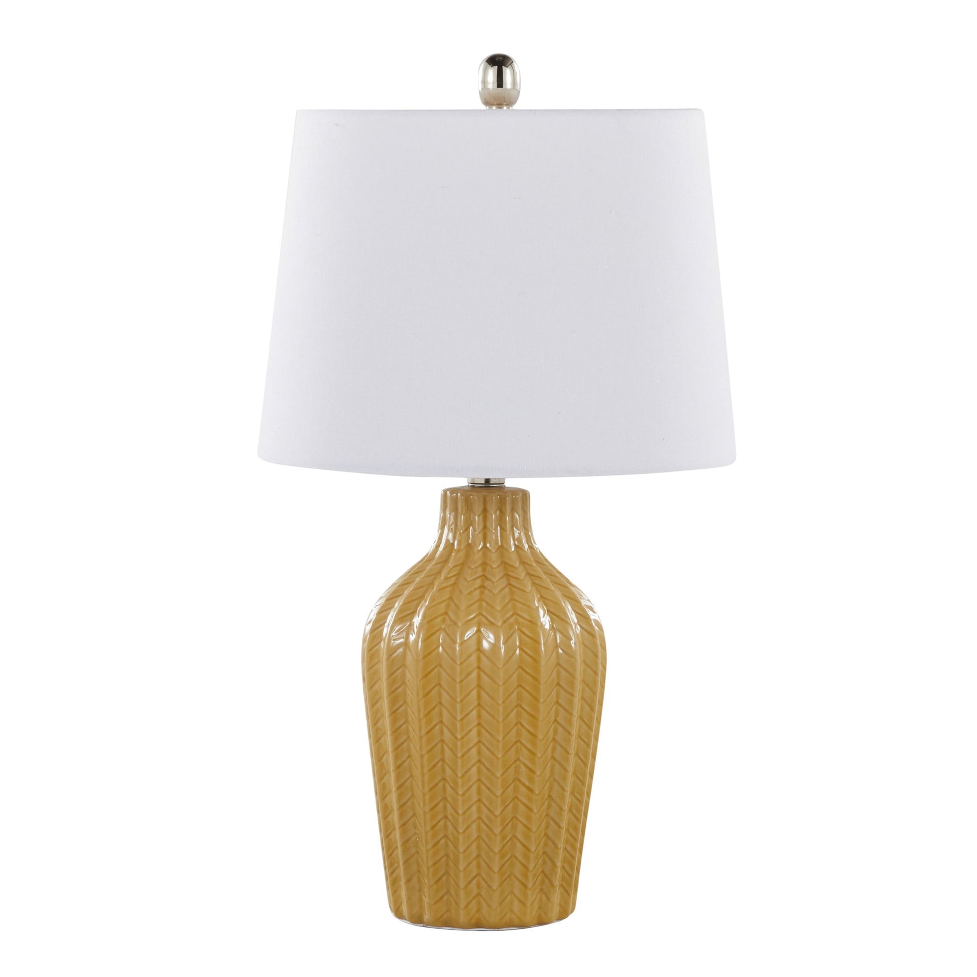 The Rockwell Contemporary Table Lamp (Set of 2) features a glossy mustard yellow ceramic base with a chevron pattern, topped with a simple white lampshade and finished with a metallic finial.