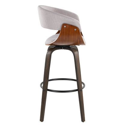 The Vintage Mod Mid Century Modern Fixed Height Barstool (Set of 2) features a curved light-gray upholstered seat, wooden backrest, dark wood legs, and a round black metal footrest; shown from the side on a white background.