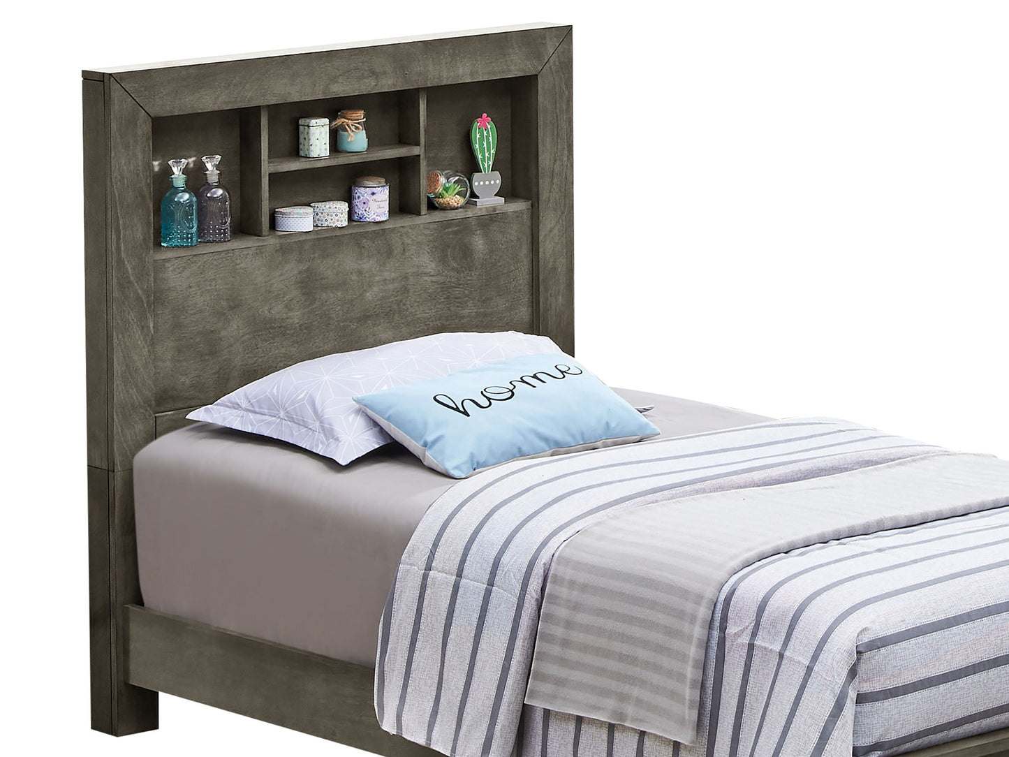 The Bed With Transitional Design Stylish features a gray wooden headboard with built-in shelves, decorated with small items. It comes dressed in a white and gray striped comforter, a white pillow, and a blue "home" pillow.