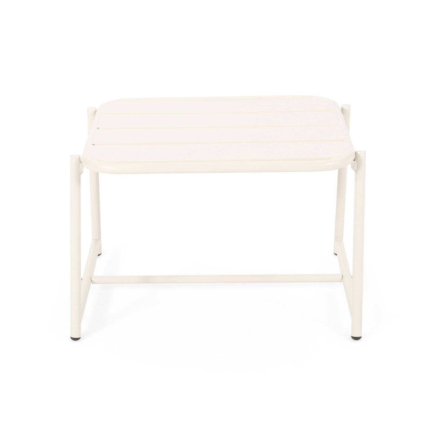 The Conrad - Side Table Outdoor is a compact, square white metal table with a slatted top and straight legs. Its minimal, modern design is perfect for outdoor spaces and is shown here against a plain white background.